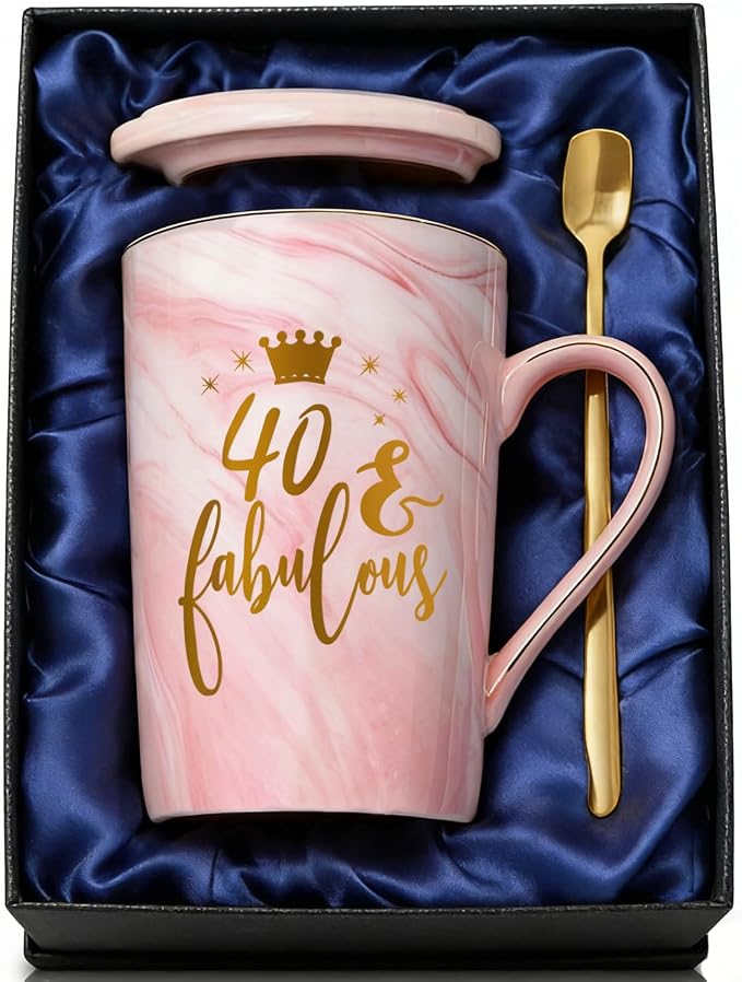40th Birthday Gifts for Women, 40 Year Old Birthday Gift Ideas for Her, 40 & Fabulous Pink Marble Coffee Mug with Premium Gift Box, Unique Presents for Mom Sister Friend Wife Daughter Coworker by ShinnyWis