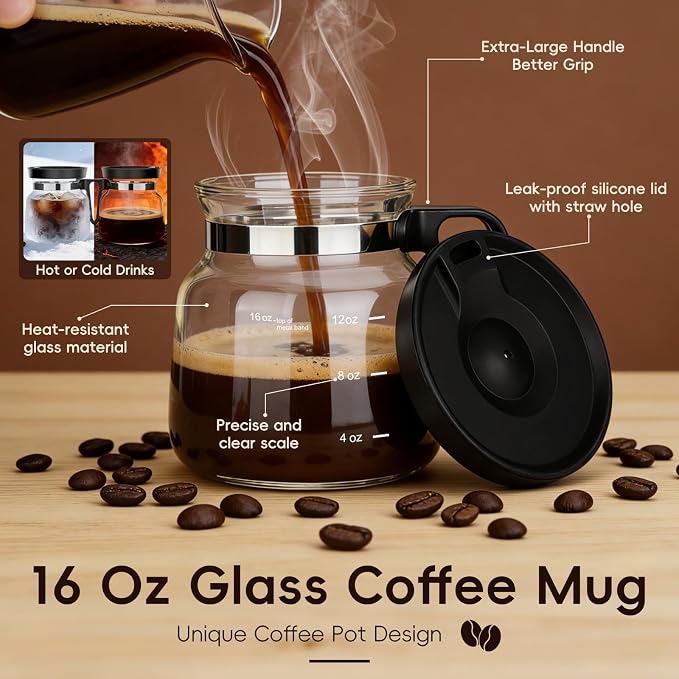 16 Oz Coffee Pot Mug,Mini Coffee Pot Cup,with Spill Proof Lid Heatproof Glass Mug Large Capacity ideal Gift for Coffee Lovers (1pcs) - Image 3
