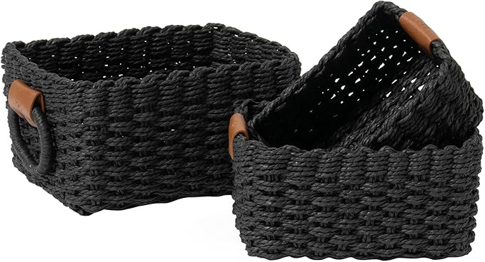 LA JOLIE MUSE Small Wicker Baskets for Organizing, Black 3 Pack | Decorative Organizer with Vegan Leather Tag, Round Handle, Storage Baskets for Shelves, Bedroom, Kitchen, Office and Home by LaJol%C3%ADeMuse