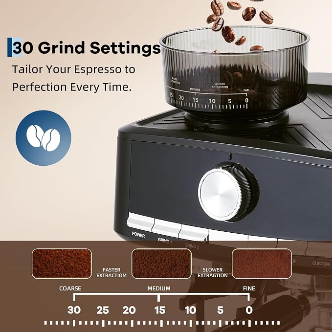 Deluxe Espresso Machine with Double Boiler, Built-in Burr Grinder | 30 Grind Settings, 1.5L Removable Tank, Use Milk Frother and Brew Espresso Simultaneously, Coffee Maker Steam Wand - Image 3