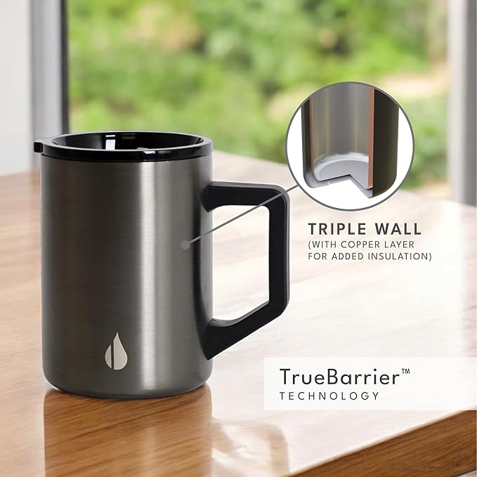 Elemental Insulated Coffee Mug - Triple-Wall Stainless Steel Summit Travel Cup for Hot and Cold Drinks - Thermal Coffee Mug with Lid and Handle for Camping, Office & Travel 16oz - Gunmetal - Image 7