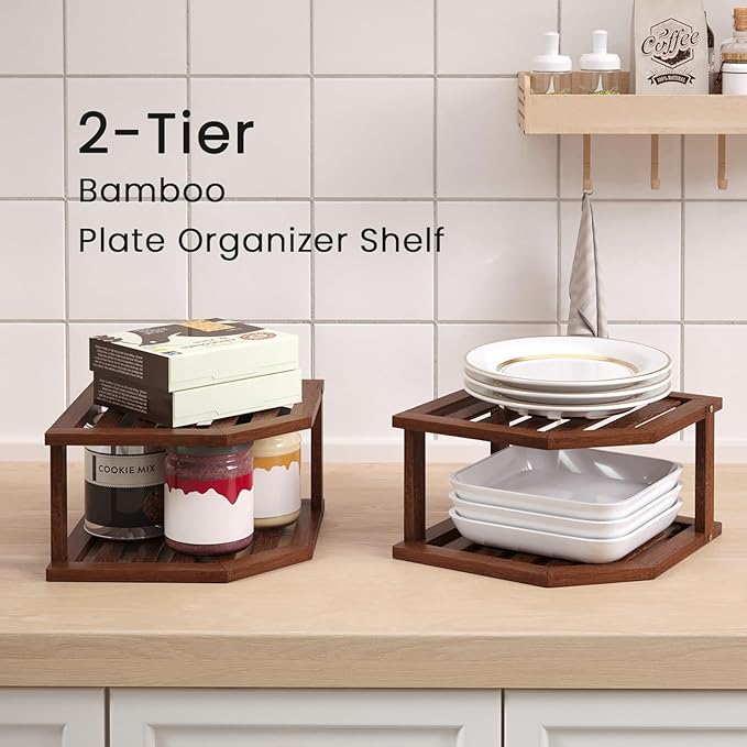 VERTORGAN 2 Tier Bamboo Dish Drying Rack,Corner Shelf 2 Pack(Brown) | Pantry Storage,Dish Rack,Spice Rack,Corner Organizer,Kitchen Counter Shelves,Kitchen Storage,Holds Plates - Image 4