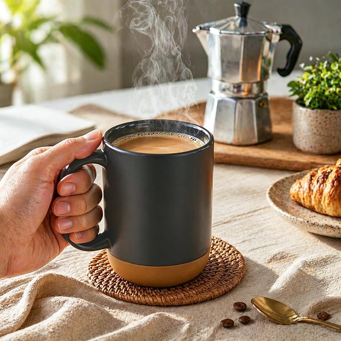 DOWAN Coffee Mugs, 15 oz Upgraded Coffee Mug with Silicone Bottom, Large Ceramic Coffee Mug set of 2 with Spill Proof Lid for Mom Dad, Big Mug for Latte Tea, Matte Grey - Image 5