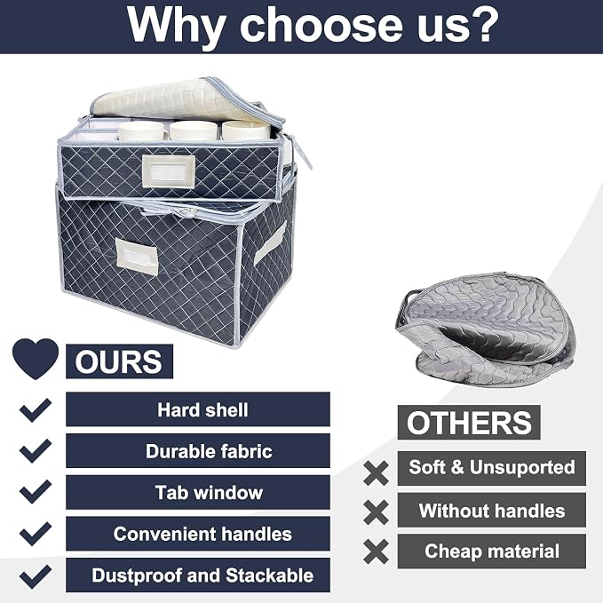 Wine Glass and Mug Storage Box with Dividers - 2 Pack China Storage Containers Set Holds 24 Glassware , Stemware，Coffee Mug and Tea Cup, Organizer Bin with Sturdy Metal Zipper,Label and Handles (Grey) - Image 5