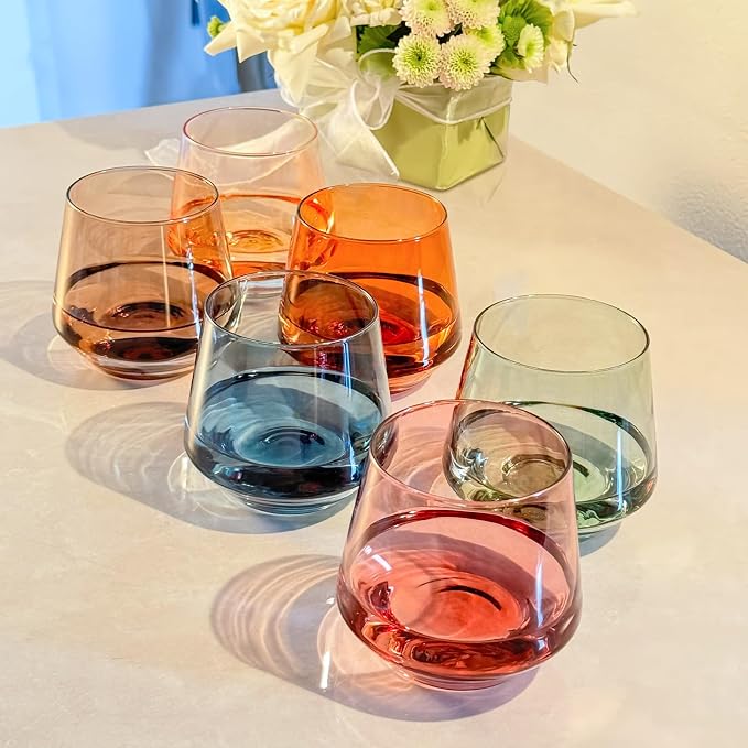 Stemless Wine Glasses Set 6【Colored Wine Glasses Stemless】 Multi Color Short Tumbler【14oz】 Colored Glassware for Wine or Soft Drinks,Unique Wine Gifts for Women Birthday Wedding - Image 6