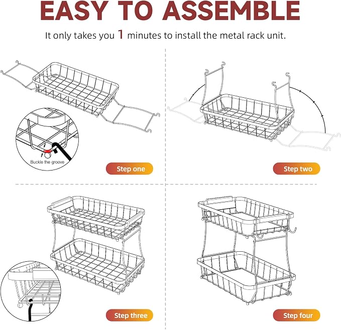 2-Tier Fruit Basket with Banana Hangers, Detachable Metal Bowl | Wooden handle, protective mats included. Versatile holder for bread, snacks, and veggies. Extra Large 2 tier metal design. - Image 6