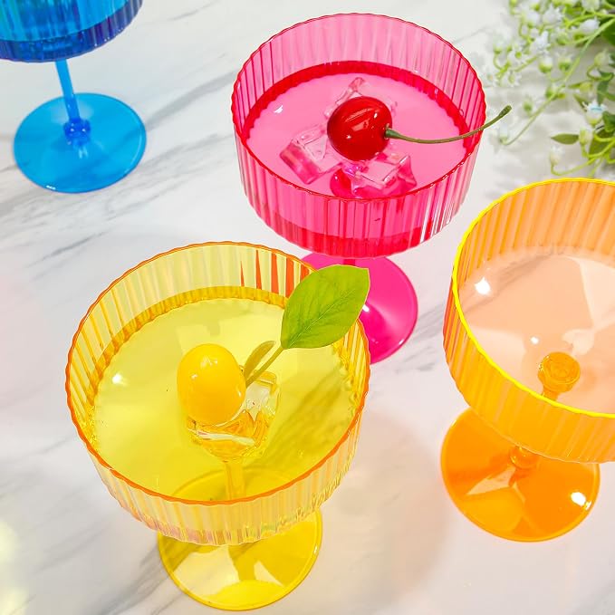 Jingmore 12 Pcs Ribbed Martini Glasses 10 oz Disposable Plastic Vintage Ribbed Coupe Glasses Unbreakable Dessert Parfait Glassware for Wedding Birthday Party Supplies (Hawaii Colors) - Image 5