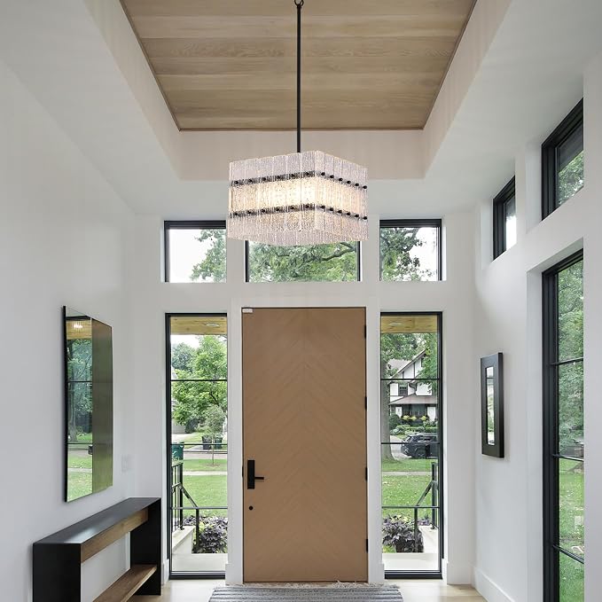 Modern Black Crystal Chandelier for Dining Room,Contemporary Square Water Ripple Glass Chandelier 4 Lights for Kitchen Island Entryway UL Listed - Image 4