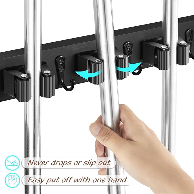 OUTNILI Mop and Broom Holder Wall Mount - Black Broom Mop Hanger - Wall Mounted Garden Tool Rack Organizer for Closet Garage Laundry Room Kitchen Decor With 5 Slots & 4 Hooks - Image 2