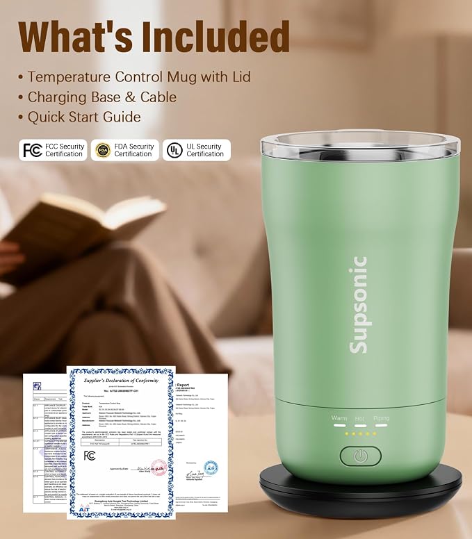 Supsonic - 14oz Heated Coffee Mug, Self-Heating Travel Mug with 3-Temp Settings, Insulated Stainless Steel Constant Temperature Heating Mug for Beverage, Smart Heating Portable Coffee Mug | S1 - Image 8