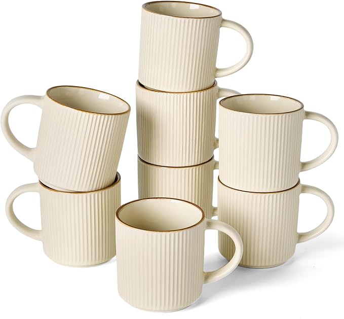 famiware Star Coffee Mug Set for 8, Handcrafted 12 oz Ceramic Stoneware Mugs Cup Set, Chip-Resistant & Stackable, Dishwasher/Microwave Safe, Vanilla White by Famiware