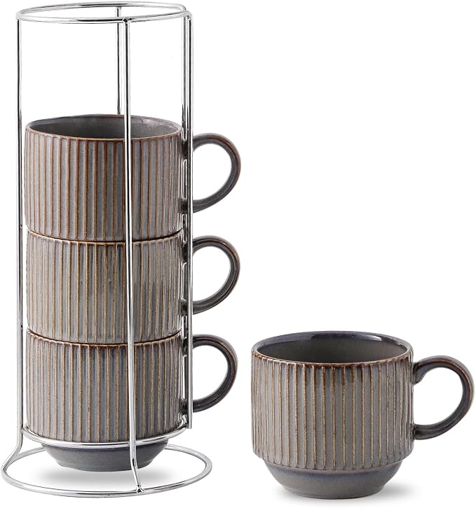 HASENSE Porcealin Coffee Mugs, Stackable Coffee Cups Set of 4 with Stand - 15 oz Large Ceramic Ribbed Latte Cup Set for Cappuccino, Tea, Hot Cocoa, Drinks - Dishwasher & Microwave Safe, Brown by Hasense