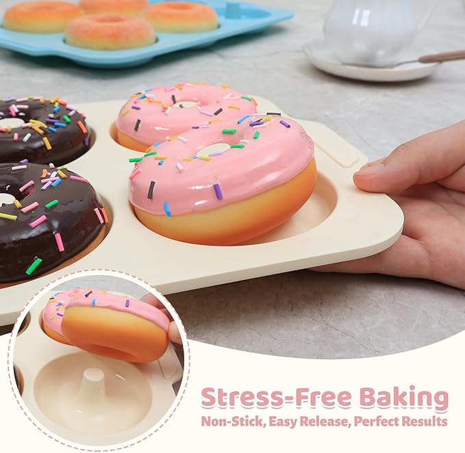 4 Inch Nonstick Silicone Donut Pan for Baking with Metal Frame, 1 Pack Large Donut Molds for Baking, 6 Cavity Doughnut Pan for Oven and Full-size Bagel Trays Non Toxic with Handle, (Beige)