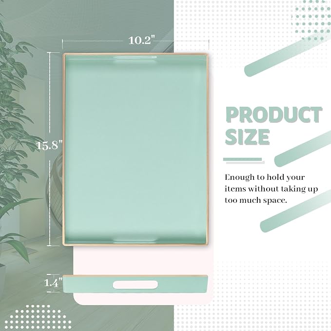 MAONAME Mint Green Decorative Tray for Ottoman, Serving Tray with Handles | Plastic Melamine Tray, Modern Coffee Table Tray, Rectangle Countertop Organizer Tray for Living Room, 15.8"L x 10.2"W x 1.4"H - Image 2