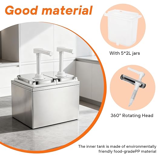 2.11 Quart Stainless Steel Sauce Pump Dispenser,Condiment Pump Station Detachable Leak-Proof Design for Sauce Honey Syrup Dressing,Commercial & Home Kitchen Use (2 Heads, 2L)