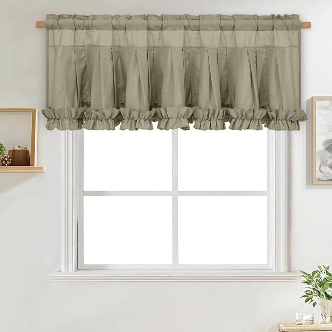 Likiyol Linen Valances for Windows Farmhouse Window Valances with Ruffle Rustic Country Light Filtering Kitchen Valance Curtains Rod Pocket Valance for Bathroom Cafe, Grey Brown, 52" W X 18" L - Image 3