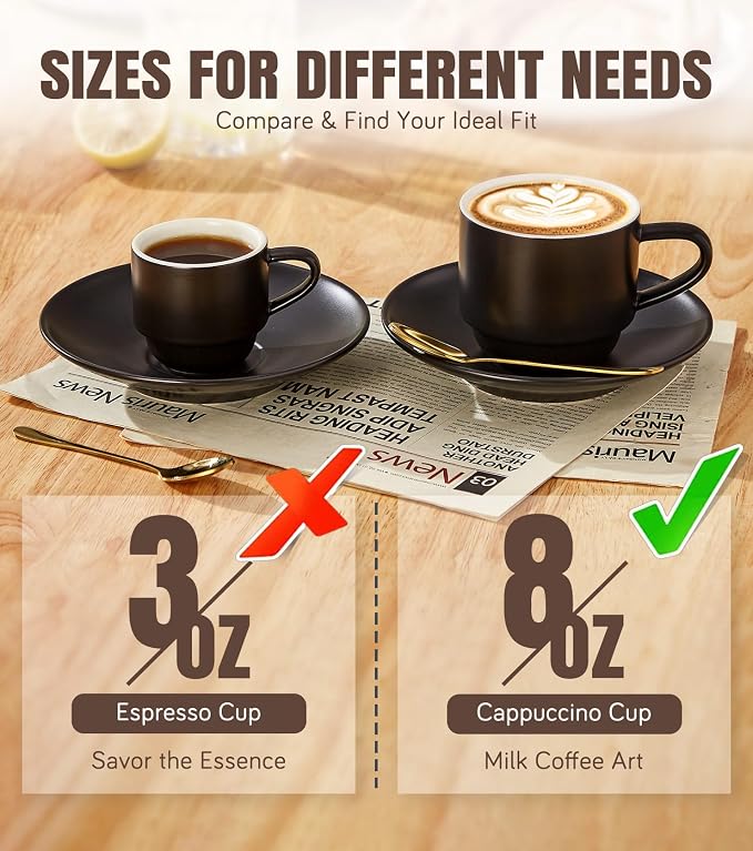 Lareina 8 Ounce Porcelain Cappuccino Cups Set of 4, Stackable Coffee Cups with Saucers, Spoons and Metal Stand -for Specialty Coffee Drinks, Cappuccino, Latte, Americano and Tea, Black - Image 9