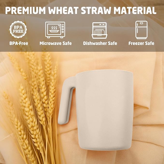 Coffee Mugs Set of 6, Wheat Straw Cups 16 oz, Resuable Plastic Coffee Cups With Handle, Unbreakable & Stackable Kitchen Cup, Microwave safe Drinking Glasses for Tea, Juice and Water - Beige - Image 2