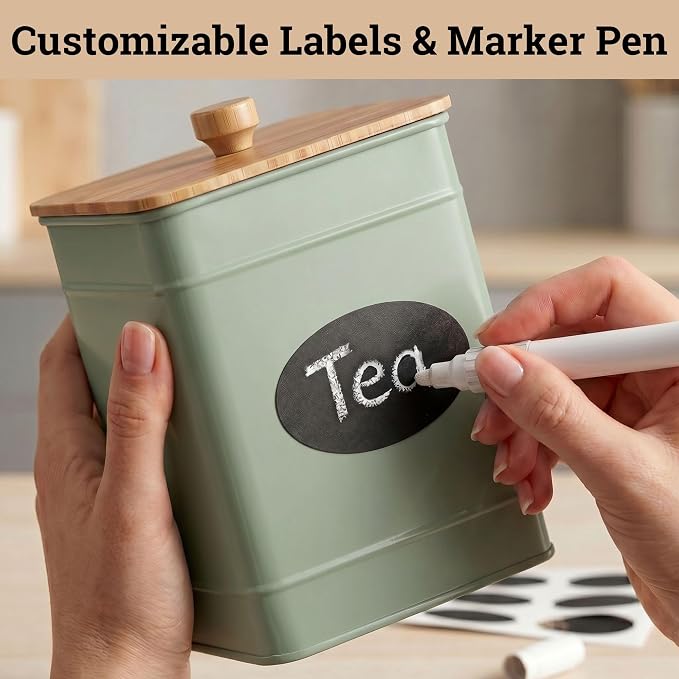 Kitchen Canisters for Countertop Set of 3 w/ Chalkboard Labels & Marker Pen | Airtight Easy Open Bamboo Lids, Dent-Resistant Thick Metal, Customizable Chalkboard Labels, Marker Pen Included, Set of 3 - Image 5