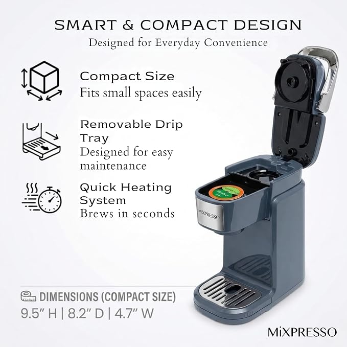Mixpresso Single Serve Coffee Maker K Cup Coffee Maker for K Pods & Grounds | Compact 800W Gray Coffee Machine with 12 Oz Water Tank, Fast Brew & Auto Shut-Off, Small Design for Travel, Office, RV & Dorm - Image 7