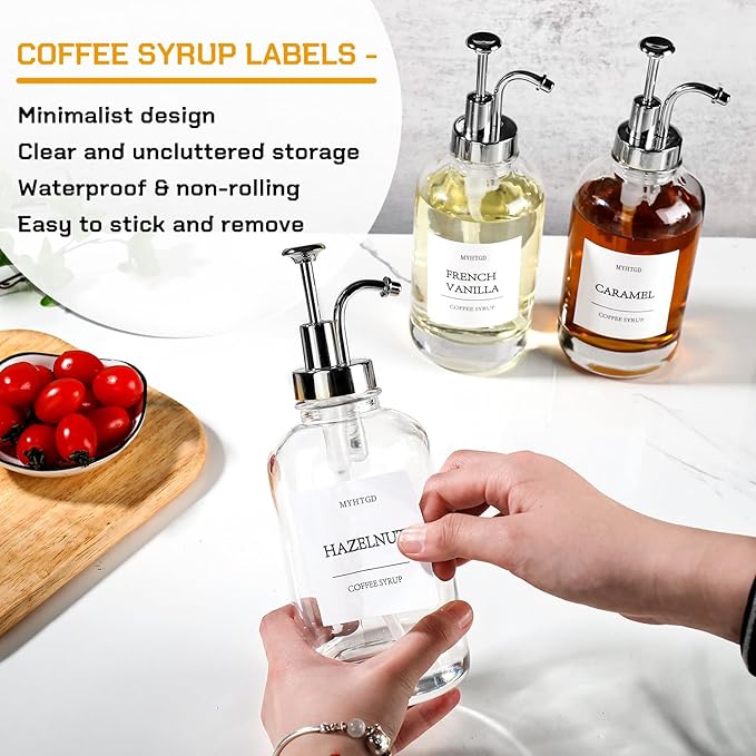 Coffee Bar Accessories,MHDCLY Coffee Syrup Dispenser - 4pack,16.9oz Syrup Dispenser with Labels ，Syrup Pump Dispenser for Coffee Bar(Silver pump)