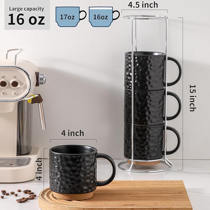 Nihow 16 Oz Ceramic Coffee Mug Set of 4 with Stackable Stand,Matte Black | Stackable, Stainless Stand Included, Cappuccino & Tea, Hot/Cold Drinks, Dishwasher & Microwave Safe - Image 2