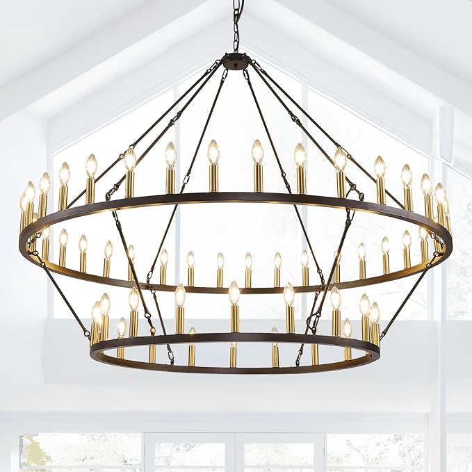 60 Inch Farmhouse Wagon Wheel Chandelier, 2 Tier 54-Lights Round Chandelier for Living Room, Rustic Black and Gold Chandelier, Extra Large Foyer Chandeliers for High Ceilings, for Staircase, Entryway by SofaFurniture