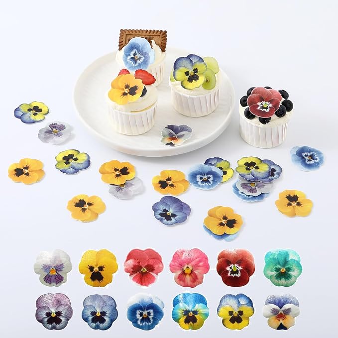 48 Pcs Edible Flowers Cupcake Toppers Small Pastel Flowers Cake Toppers Edible Wafer Pansies for Baby Shower Kids Birthday Party Wedding Food Decorations Mixed Color by THJ