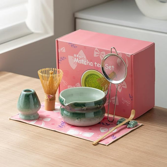 Matcha Kit 7-Pcs matcha whisk set, Measuring Spoon, Japanese Tea Making Tools,Cha, tea bowl, pink matcha set (dark blue)