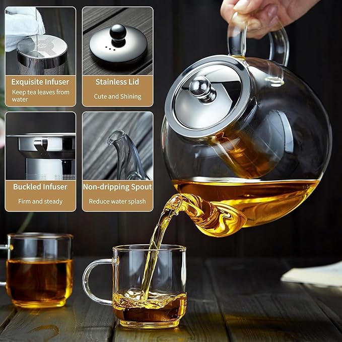 60OZ (1800ML) Glass Teapot with Infuser Stovetop Safe, Clear Glass Tea Pot Kettle, Borosilicate Tea Pot with Infusers Filter for Loose Tea, Tea Kettle Dishwasher Safe