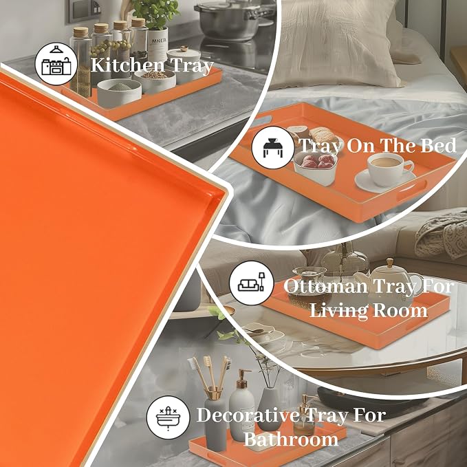 MAONAME Orange Decorative Tray for Coffee Table, Serving Tray with Handles | Plastic Melamine Tray, Modern Ottoman Tray, Rectangular Countertop Organizer Tray for Living Room, 15.8"L x 10.2"W x 1.4"H - Image 7