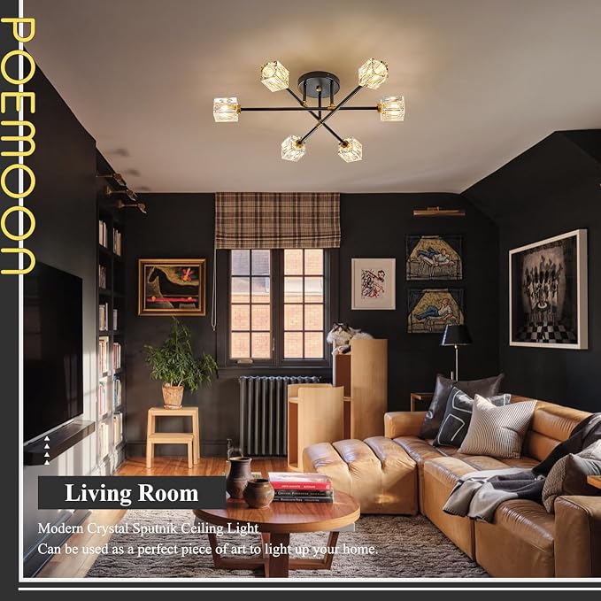 Black Gold Crystal Semi Flush Mount Ceiling Light Fixture Industrial 26" Sputnik Chandeliers 6 -Light Modern Chandelier for Foyer Entryway Kitchen Bedroom Living Room Dining Room - Image 5