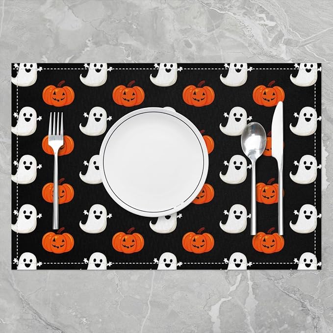 Feelyou Happy Halloween Placemats Set of 4 Pumpkin Lantern Table Mats for Party Kitchen Dining Decoration Holiday Seasonal Orange and White Place Mat for Dinner Table Indoor Outdoor 18"x12" Non-Slip - Image 2