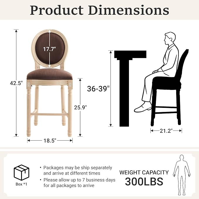 French Country Barstool, Linen Farmhouse Counter Height Chair | Set of 2, with Cushion Round Back and Solid Wood Legs, Oval Chairs for Restaurant, Bar, Kitchen, Café, Brown - Image 3