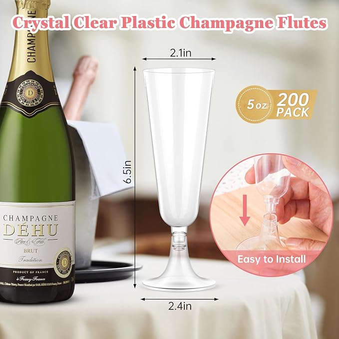 SUREHOME Plastic Champagne Flutes 200 Pack Champagne Glasses Disposable Mimosa Glasses 5 Oz Crystal Clear Plastic Flutes for Party Drinking Cocktail Cups Acrylic Wedding Toasting Glasses Flutes Bulk - Image 6