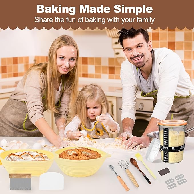 Sourdough Starter Kit 13Pcs Sourdough Bread Baking Supplies, Complete Bread Making Tools 9in Round & 10in Oval Silicone Banneton Proofing Basket Set with Sour dough Starter Jar