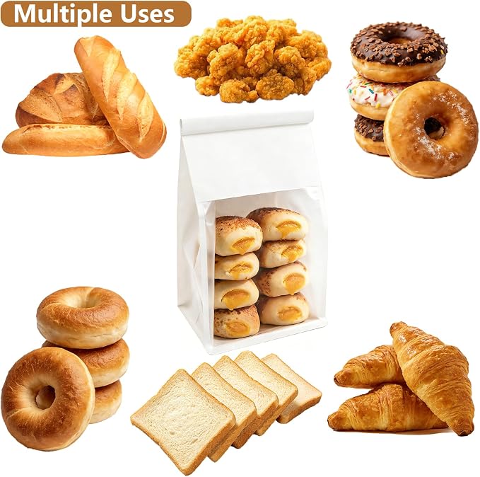 50 PCS White Bread Bags for Homemade Breads, 11x5.1x3.9 Inch Resealable Cookie Bags with Tin Tie Tab Lock, Paper Bakery Bag with Window for Packaging Bagels, Scone, Brownie, Baked Goods Storage - Image 5