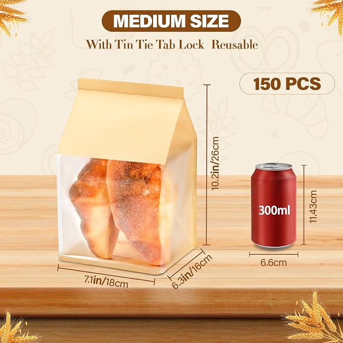 150 Pack Kraft Paper Bakery Bags with Window, 5.1x6.3x10.2 Inches Tin Tie Tab Lock Resealable Bread Bags for Homemade Sourdough, Cookies, and Pastry Packaging - Image 2