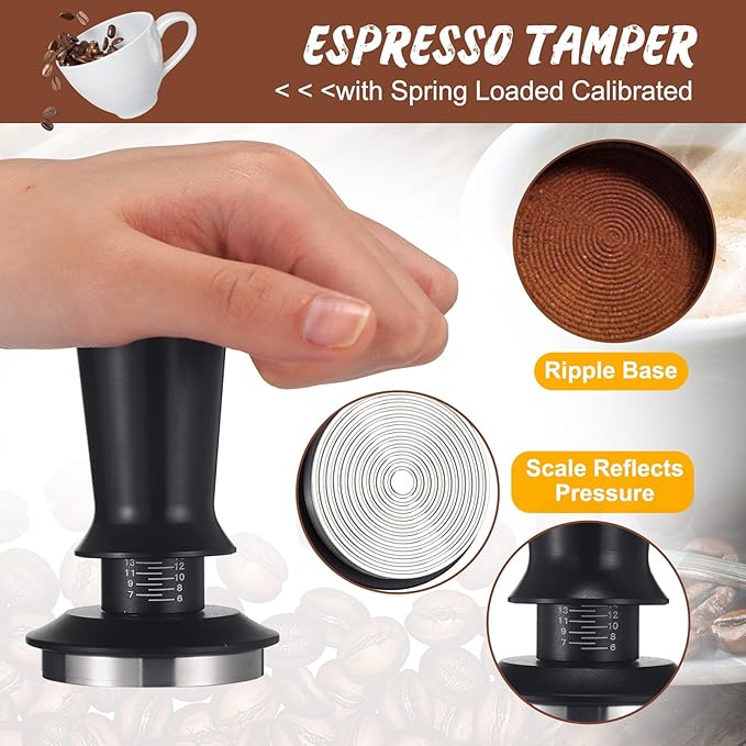 13 Pcs Espresso Accessories Set 51mm Tamper WDT Espresso Distribution TOOL Kit Frothing Pitcher, Mat, Latte Art Pen, Sandalwood Tamping Station, Barista Towel, Brush and Decorative Stencils