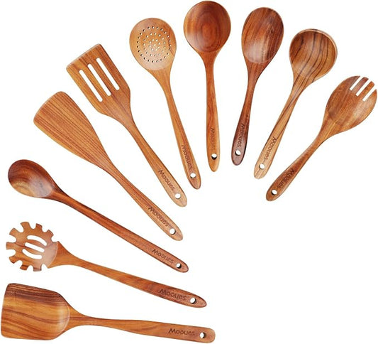 Mooues Wooden Spoons for Cooking, Wooden Utensils for Cooking Natural Teak Wooden Kitchen Utensils Set Comfort Grip (10 PCS SET) | Wooden Spoons for Cooking with Comfort Grip, Smooth Durable Heat Resistant Cooking Spoons and Cooking Utensils for Cooking by Mooues