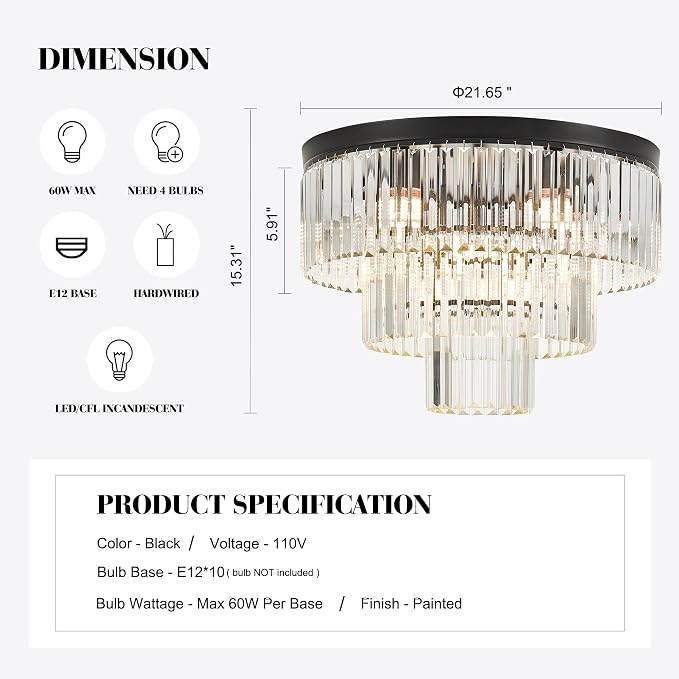 21.65" Black Crystal Ceiling Light 10-Light Modern Crystal Ceiling Light Fixture 3-Tier Luxury K9 Crystal Ceiling Light,for Dining Room Kitchen Island Living Room Bedroom - Image 2