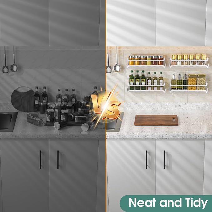 LUCYCAZ 4 Pack Wall Mounted Spice Rack for Kitchen Cabinet,RV,Camper,White | 16 Metal Hooks, Space-Saving,Screw or Adhesive Spice Shelf Hanging,for Pantry Door Spice Jars & Seasonings,11.41×2.75×2.36in - Image 7