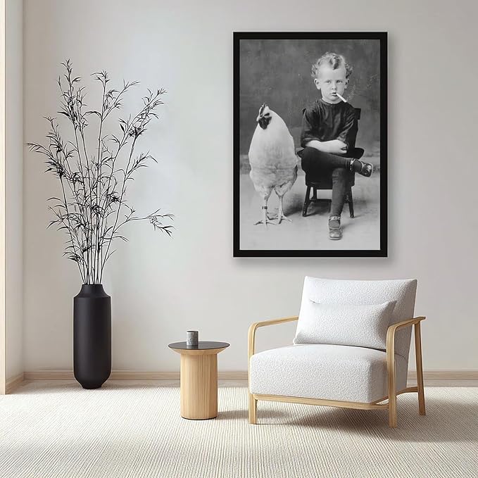 UXCBIA Smoking Boy And Chicken, Black And White, Vintage Oddities Poster Canvas Poster Bedroom Decor Sports Landscape Office Room Decor Gift Black Frame 08x12in(20x30cm) - Image 7
