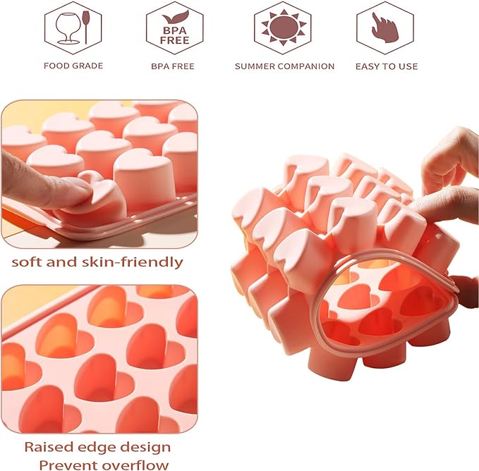 2 Pack Heart-Shaped Ice Cube Trays with lid and bin - 48 Holes Silicone Mini Heart Ice Cube Tray, BPA Free and Dishwasher Safe, Fun Shape Ice Cube Mold, Easy to Remove