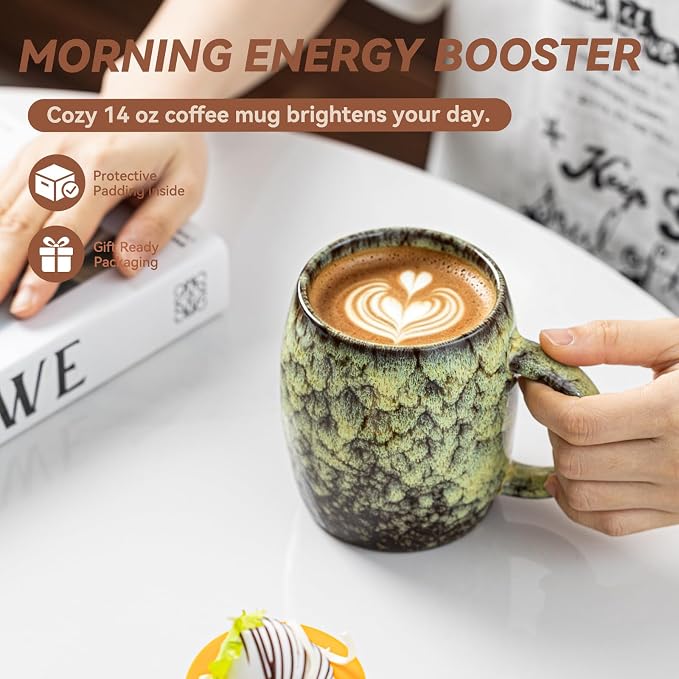 Amber Nebula Ceramic Coffee Mug - 14 oz Unique Reactive Glaze Coffee Cup with Large Handle, Barrel Cute Mug for Women Men Home Office Gift - Image 5