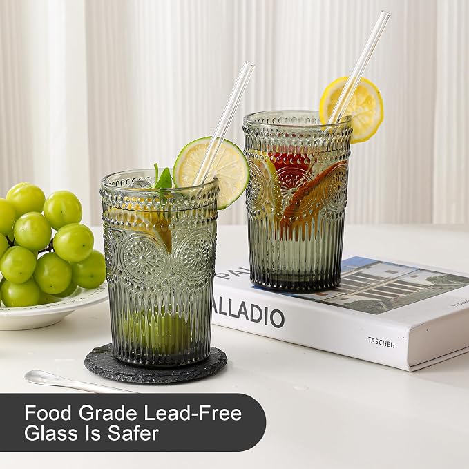ZMOWIPDL Drinking Glasses Set of 6,13oz Flower Design Grey Glass Cups | Vintage Glassware,Textured Tumblers,Embossed Striped Drinkware for Water,Cocktails,Juice,Iced Coffee - Image 4