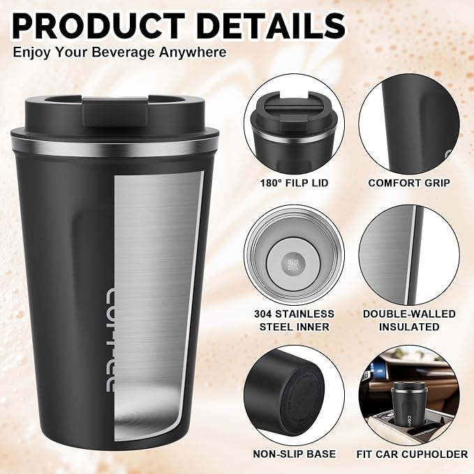 CS COSDDI 12 oz Stainless Steel Vacuum Insulated Tumbler - Coffee Travel Mug Spill Proof with Lid - coffee Cup for Keep Hot/Ice Coffee,Tea and Beer (Black) - Image 5