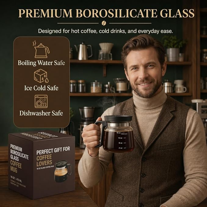 Coffee Pot Mug with Lid, 16oz Glass Mini Coffee Pot Cup, Heat-Resistant Clear Travel Mug, Spill-Resistant Novelty Coffee cup for Office Desk & Coffee Lovers gift - Image 6