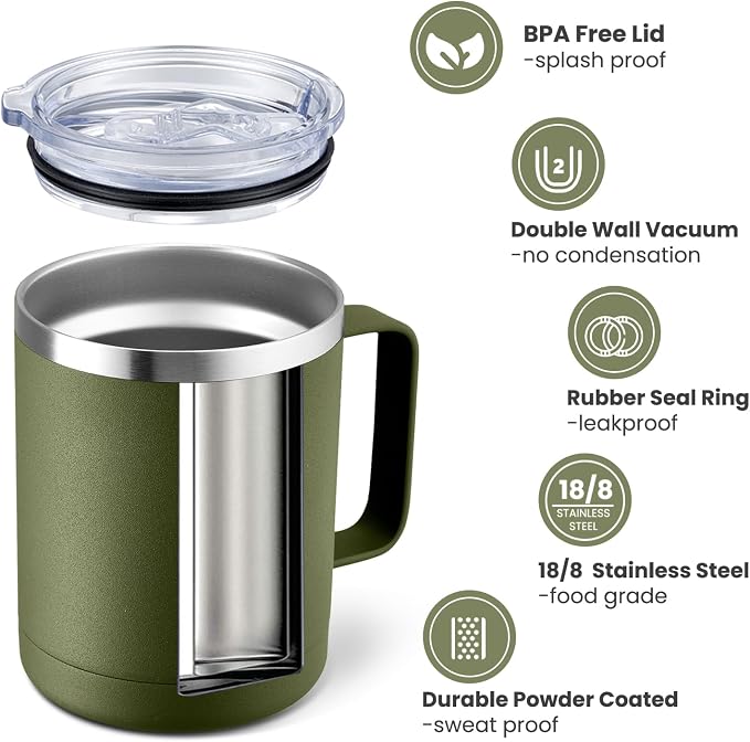 MEWAY 12oz Coffee Mug With Handle and Sliding Lid,Stainless Steel Travel Tumbler Cup with Handle,Double Wall Vacuum Insulated Camping Cup for Hot & Cold Drinks Tea (Army Green,Set of 1 - Image 2
