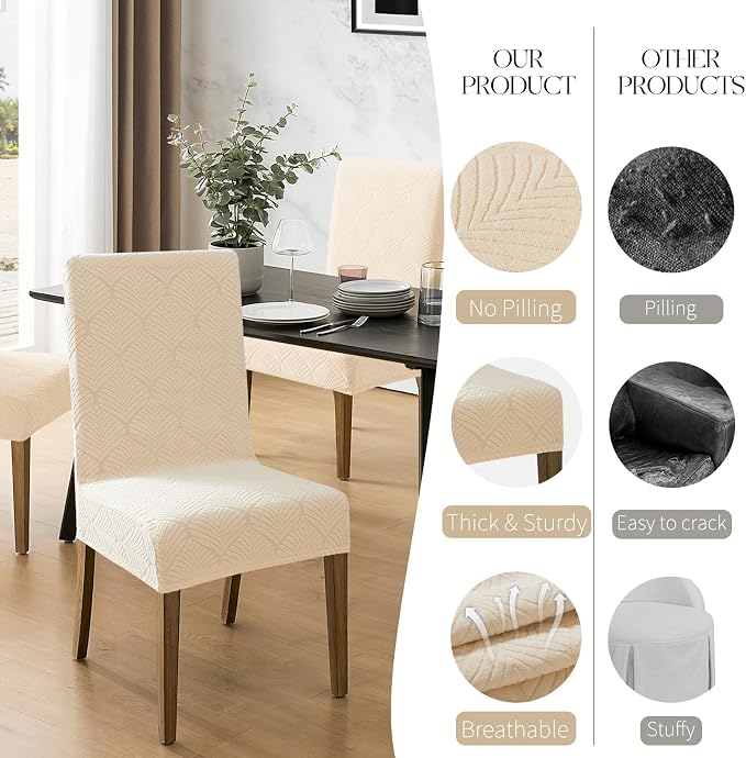 MOSAYT 100% Waterproof Dining Room Chair Covers Set of 6, Super Fit Stretch Jacquard Parson Chairs Slipcovers Removable Washable Chair Seat Protectors for Home, Kitchen, Banquet (Beige) - Image 4